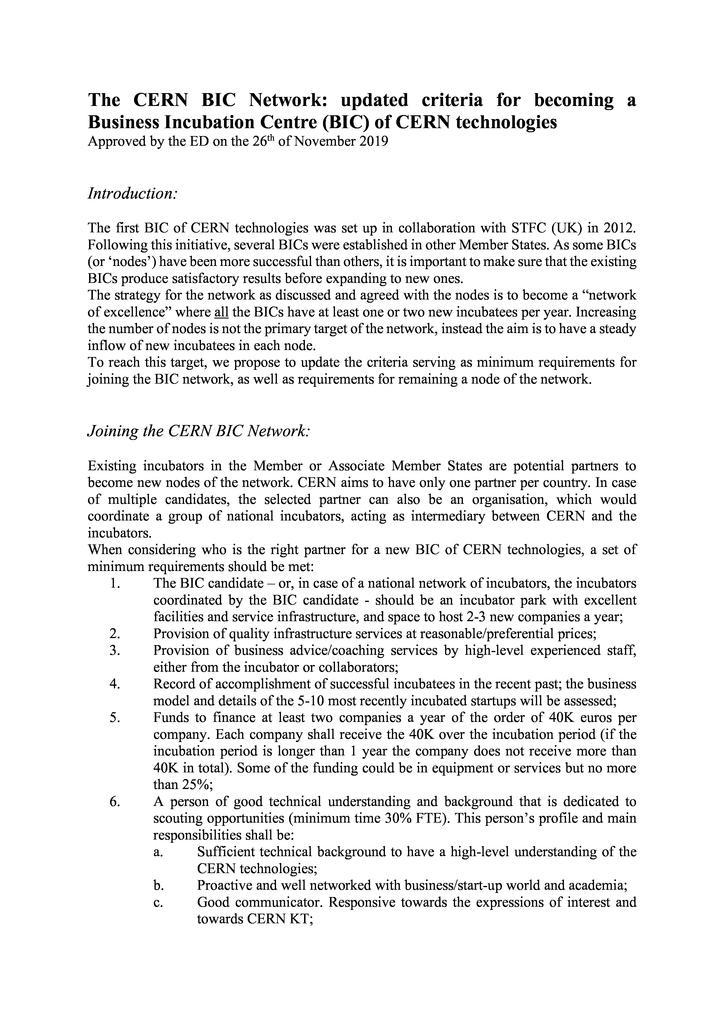 Criteria for becoming a Business Incubation Centre of CERN technologies